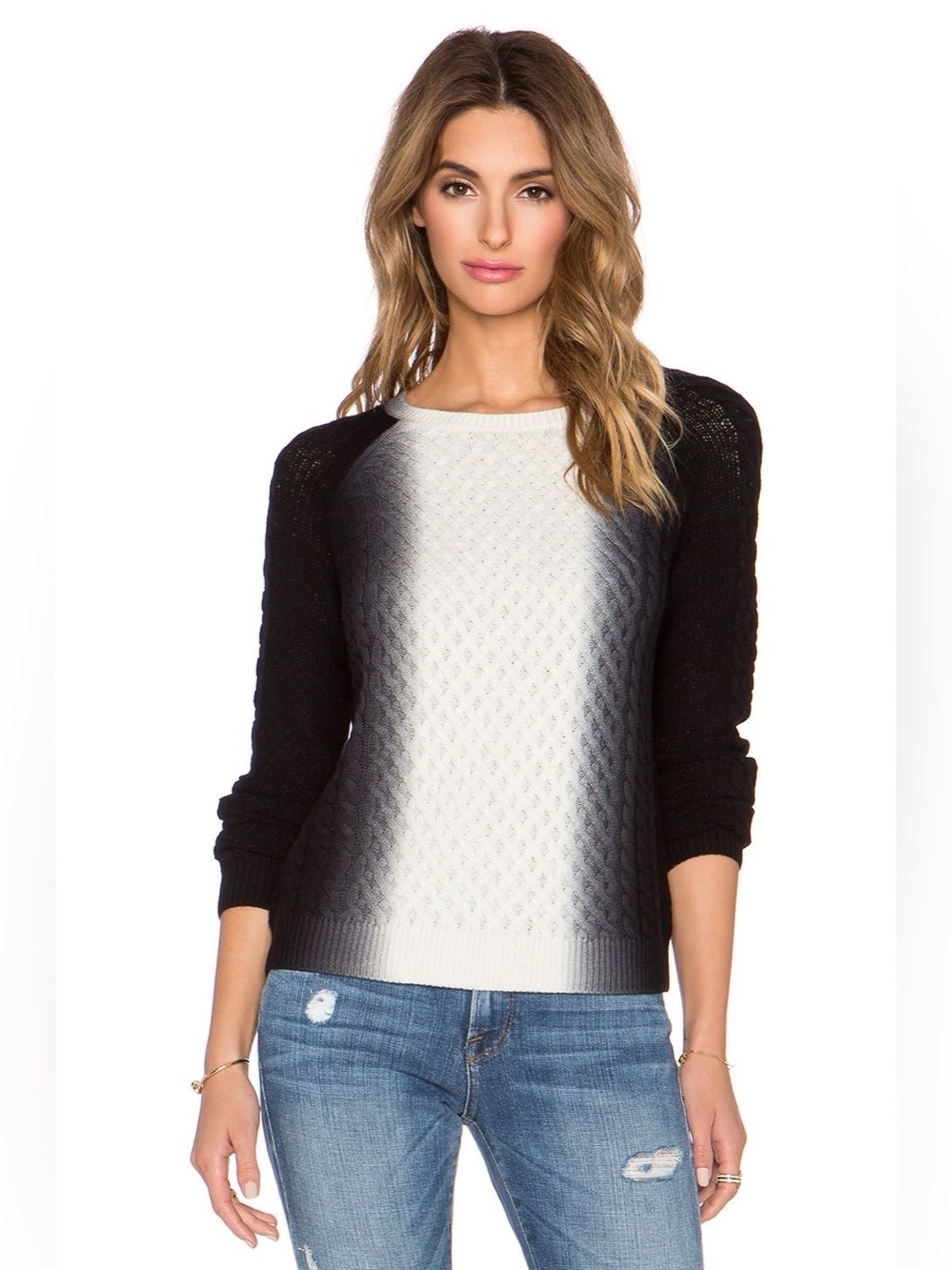 Vince Vertical Dip Dye Cable Sweater in Off White & Black Designer Women’s Small